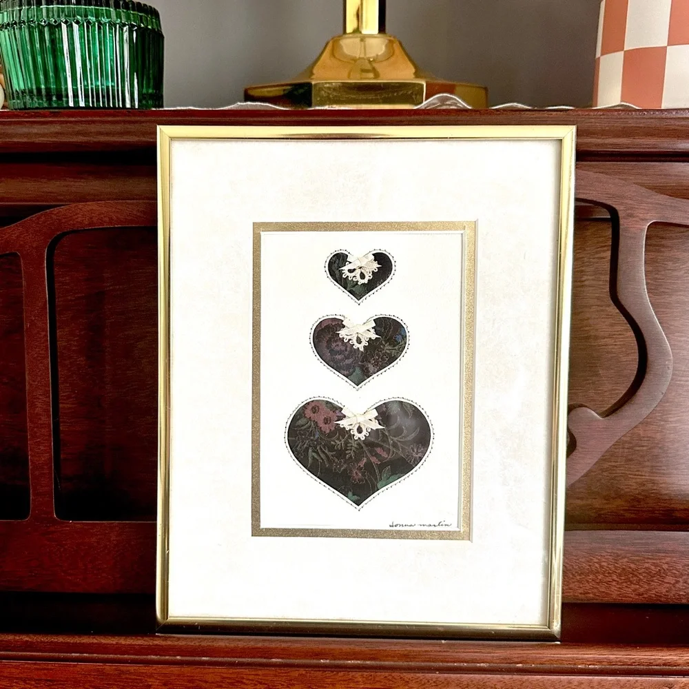Vintage Velvet Heart Cutout Trio Framed Wall Art Signed Moody Floral Velvet Boho
